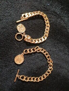 Lot of Two Goldtone Costume Jewelry Toggle Close Bracelets with Faux Coins